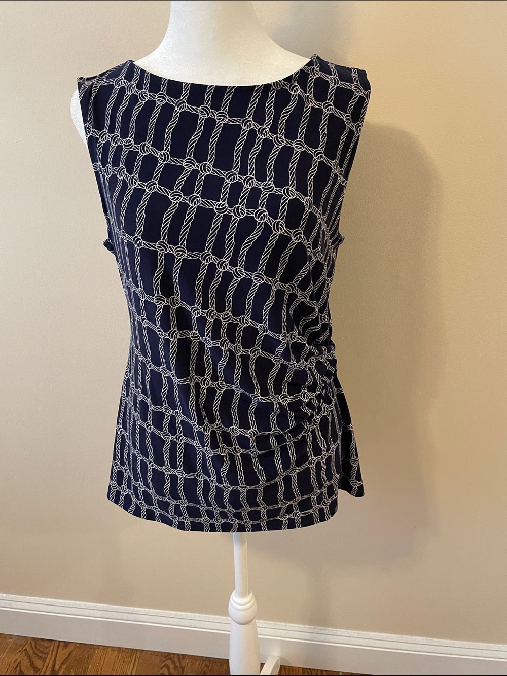 Anne Klein Navy and White Nautical Rope-Print Sleeveless Top